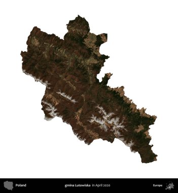 gmina Lutowiska. Polonya idari bölgesi, Nisan 2020 'de çekilen Kopernik Nöbetçi karolarından oluşan bir uydu görüntüsü üzerinde beyaza izole edildi.