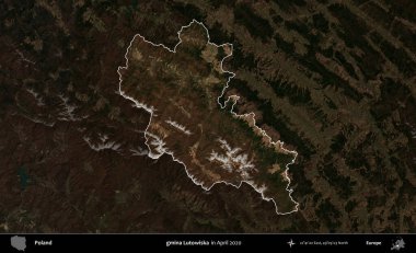 gmina Lutowiska. Polonya 'nın idari alanı, Nisan 2020' de çekilen Kopernik Nöbetçi karolarından oluşan koyu renkli bir uydu görüntüsü üzerine vurgulandı ve özetlendi