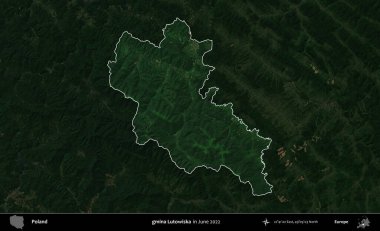 gmina Lutowiska. Polonya 'nın idari alanı, Haziran 2022' de çekilen Kopernik Nöbetçi karolarından oluşan koyu renkli bir uydu görüntüsü üzerine vurgulandı ve özetlendi.