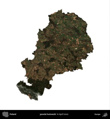 powiat lwowecki. Polonya idari bölgesi, Nisan 2020 'de çekilen Kopernik Nöbetçi karolarından oluşan bir uydu görüntüsü üzerinde beyaza izole edildi.