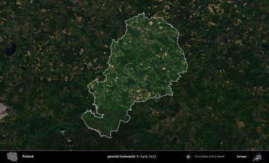 powiat lwowecki. Polonya 'nın idari alanı, Haziran 2023' te çekilen Kopernik Nöbetçi karolarından oluşan koyu renkli bir uydu görüntüsü üzerine vurgulandı ve özetlendi.