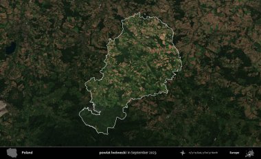 powiat lwowecki. Polonya 'nın idari alanı, Eylül 2023' te çekilen Kopernik Nöbetçi karolarından oluşan koyu renkli bir uydu görüntüsü üzerine vurgulandı ve özetlendi.