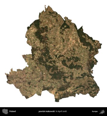 powiat makowski. Polonya idari bölgesi, Nisan 2018 'de çekilen Kopernik Nöbetçi karolarından oluşan bir uydu görüntüsü üzerinde beyaza izole edildi.