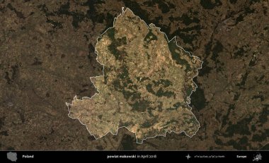 powiat makowski. Polonya 'nın idari alanı, Nisan 2018' de çekilen Kopernik Nöbetçi karolarından oluşan koyu renkli bir uydu görüntüsü üzerine vurgulandı ve özetlendi