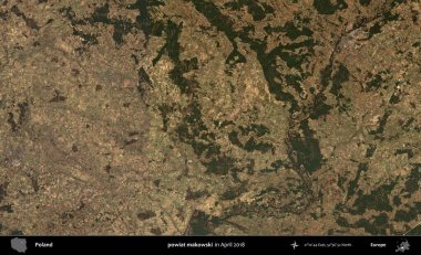 powiat makowski. Nisan 2018 'de çekilen Kopernik Sentinel karolarından oluşan bir uydu görüntüsü üzerine Polonya' nın idari bölgesi