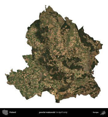 powiat makowski. Polonya idari bölgesi, Nisan 2019 'da çekilen Kopernik Nöbetçi karolarından oluşan bir uydu görüntüsü üzerinde beyaza izole edildi.