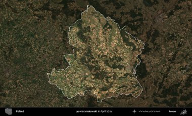 powiat makowski. Polonya 'nın idari alanı, Nisan 2019' da çekilen Kopernik Nöbetçi karolarından oluşan koyu renkli bir uydu görüntüsü üzerine vurgulandı ve özetlendi.