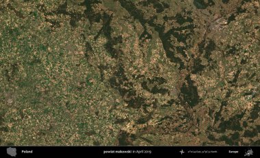 powiat makowski. Nisan 2019 'da çekilen Kopernik Sentinel karolarından oluşan bir uydu görüntüsü üzerine Polonya' nın idari bölgesi