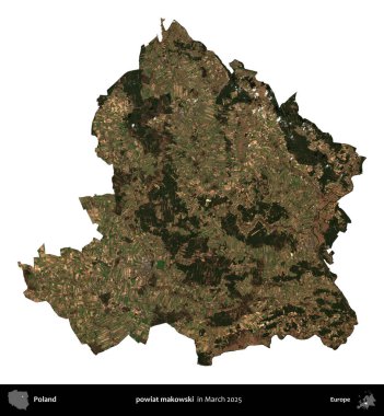 powiat makowski. Polonya idari bölgesi, Mart 2025 'te çekilen Kopernik Nöbetçi karolarından oluşan bir uydu görüntüsü üzerinde beyaza izole edildi.