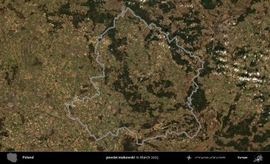 powiat makowski. Polonya 'nın idari bölgesinin ana hatları, Mart 2025' te çekilen Kopernik Nöbetçi karolarından oluşan bir uydu görüntüsü üzerine çizildi.