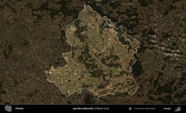 powiat makowski. Polonya 'nın idari alanı, Mart 2025' te çekilen Kopernik Nöbetçi karolarından oluşan koyu renkli bir uydu görüntüsü üzerine vurgulandı ve özetlendi