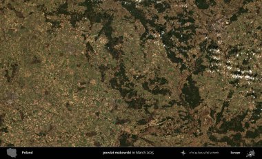 powiat makowski. Copernicus Sentinel 'in Mart 2025' te çekilmiş uydu görüntüsü üzerine Polonya 'nın idari bölgesi