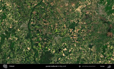 powiat malborski. Copernicus Sentinel 'in Mayıs 2018' de çekilmiş uydu görüntüsü üzerine Polonya 'nın idari bölgesi.