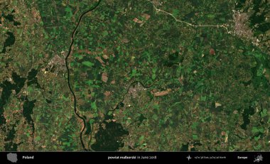 powiat malborski. Copernicus Sentinel 'in Haziran 2018' de çekilmiş uydu görüntüsü üzerine Polonya 'nın idari bölgesi