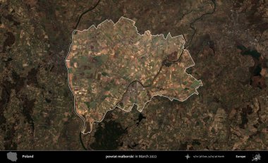 powiat malborski. Polonya 'nın idari alanı, Mart 2022' de çekilen Kopernik Nöbetçi karolarından oluşan koyu renkli bir uydu görüntüsü üzerine vurgulandı ve özetlendi.