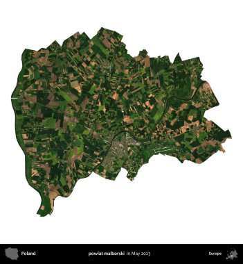 powiat malborski. Polonya 'nın idari bölgesi, Mayıs 2023' te çekilen Kopernik Nöbetçi Fayanslarından oluşan bir uydu görüntüsüyle beyaza izole edildi.