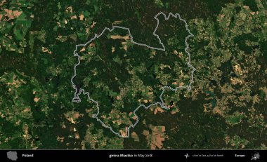 gmina Miastko. Mayıs 2018 'de çekilen Kopernik Nöbetçi karolarından oluşan bir uydu görüntüsü üzerine Polonya' nın idari bölgesinin ana hatlarını belirledik.