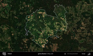 gmina Miastko. Polonya 'nın idari alanı, Mayıs 2018' de çekilen Kopernik Nöbetçi karolarından oluşan koyu renkli bir uydu görüntüsüyle vurgulandı ve özetlendi