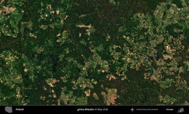 gmina Miastko. Copernicus Sentinel 'in Mayıs 2018' de çekilmiş uydu görüntüsü üzerine Polonya 'nın idari bölgesi.