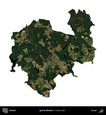 gmina Miastko. Polonya idari bölgesi, Haziran 2018 'de çekilen Kopernik Nöbetçi karolarından oluşan bir uydu görüntüsü üzerinde beyaza izole edildi.