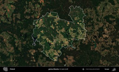 gmina Miastko. Polonya 'nın idari alanı, Haziran 2018' de çekilen Kopernik Nöbetçi karolarından oluşan koyu renkli bir uydu görüntüsüyle vurgulandı ve özetlendi