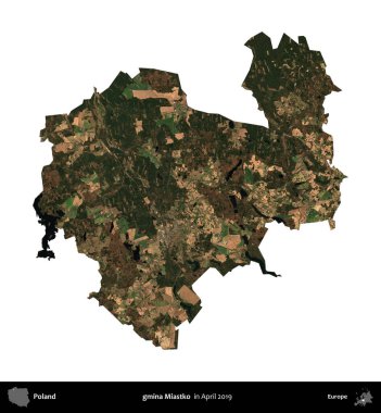 gmina Miastko. Polonya idari bölgesi, Nisan 2019 'da çekilen Kopernik Nöbetçi karolarından oluşan bir uydu görüntüsü üzerinde beyaza izole edildi.