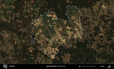 gmina Miastko. Polonya 'nın idari alanı, Nisan 2019' da çekilen Kopernik Nöbetçi karolarından oluşan koyu renkli bir uydu görüntüsü üzerine vurgulandı ve özetlendi.