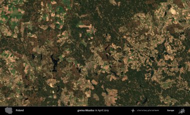 gmina Miastko. Nisan 2019 'da çekilen Kopernik Sentinel karolarından oluşan bir uydu görüntüsü üzerine Polonya' nın idari bölgesi