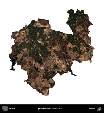 gmina Miastko. Polonya idari bölgesi, Mart 2022 'de çekilen Kopernik Nöbetçi karolarından oluşan bir uydu görüntüsü üzerinde beyaza izole edildi.