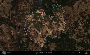 gmina Miastko. Polonya 'nın idari alanı, Mart 2022' de çekilen Kopernik Nöbetçi karolarından oluşan koyu renkli bir uydu görüntüsü üzerine vurgulandı ve özetlendi.