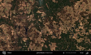 gmina Miastko. Copernicus Sentinel 'in Mart 2022' de çekilmiş uydu görüntüsü üzerine Polonya 'nın idari bölgesi.