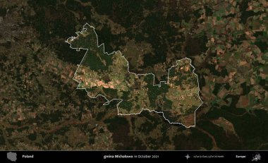 gmina Michalowo. Polonya 'nın idari alanı, Ekim 2021' de çekilen Kopernik Nöbetçi karolarından oluşan koyu renkli bir uydu görüntüsü üzerine vurgulandı ve özetlendi