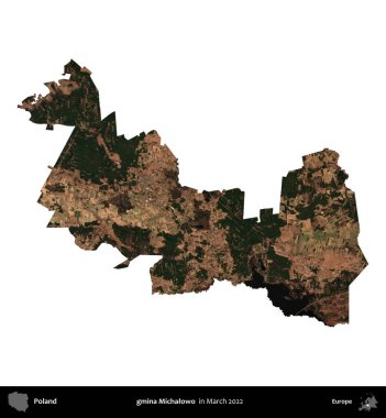 gmina Michalowo. Polonya idari bölgesi, Mart 2022 'de çekilen Kopernik Nöbetçi karolarından oluşan bir uydu görüntüsü üzerinde beyaza izole edildi.
