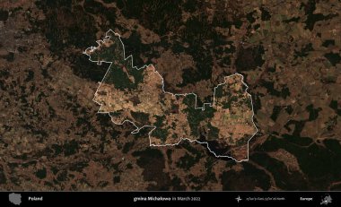 gmina Michalowo. Polonya 'nın idari alanı, Mart 2022' de çekilen Kopernik Nöbetçi karolarından oluşan koyu renkli bir uydu görüntüsü üzerine vurgulandı ve özetlendi.
