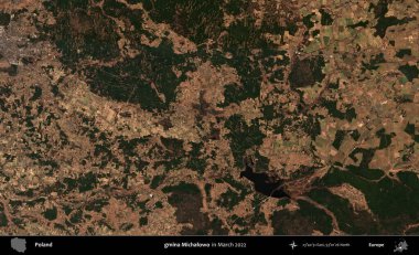 gmina Michalowo. Copernicus Sentinel 'in Mart 2022' de çekilmiş uydu görüntüsü üzerine Polonya 'nın idari bölgesi.