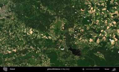 gmina Michalowo. Copernicus Sentinel 'in Mayıs 2023' te çekilmiş uydu görüntüsü üzerine Polonya 'nın idari bölgesi.