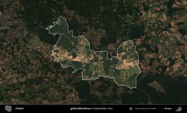 gmina Michalowo. Polonya 'nın idari alanı, Eylül 2024' te çekilen Kopernik Nöbetçi karolarından oluşan koyu renkli bir uydu görüntüsü üzerine vurgulandı ve özetlendi