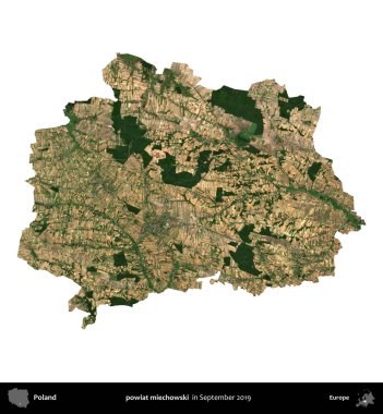powiat miechowski. Polonya idari bölgesi, Eylül 2019 'da çekilen Kopernik Nöbetçi karolarından oluşan bir uydu görüntüsü üzerinde beyaza izole edildi.