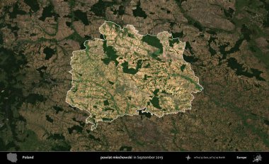 powiat miechowski. Polonya 'nın idari alanı, Eylül 2019' da çekilen Kopernik Nöbetçi karolarından oluşan koyu renkli bir uydu görüntüsü üzerinde vurgulandı ve özetlendi.