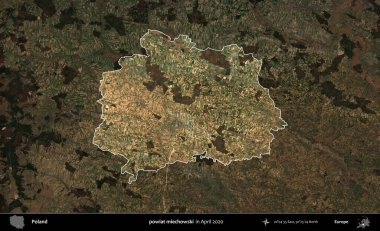 powiat miechowski. Polonya 'nın idari alanı, Nisan 2020' de çekilen Kopernik Nöbetçi karolarından oluşan koyu renkli bir uydu görüntüsü üzerine vurgulandı ve özetlendi