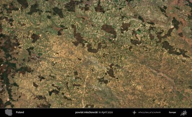 powiat miechowski. Nisan 2020 'de Copernicus Sentinel karolarından oluşan bir uydu görüntüsü üzerine Polonya' nın idari bölgesi