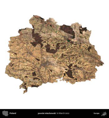 powiat miechowski. Polonya idari bölgesi, Mart 2022 'de çekilen Kopernik Nöbetçi karolarından oluşan bir uydu görüntüsü üzerinde beyaza izole edildi.