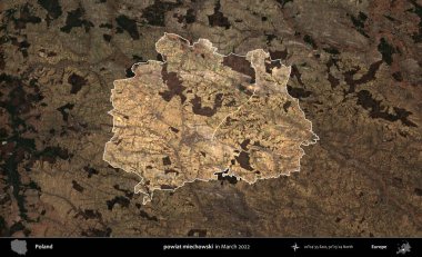 powiat miechowski. Polonya 'nın idari alanı, Mart 2022' de çekilen Kopernik Nöbetçi karolarından oluşan koyu renkli bir uydu görüntüsü üzerine vurgulandı ve özetlendi.