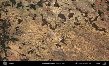 powiat miechowski. Copernicus Sentinel 'in Mart 2022' de çekilmiş uydu görüntüsü üzerine Polonya 'nın idari bölgesi.