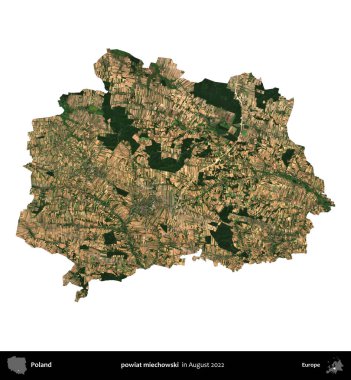 powiat miechowski. Polonya idari bölgesi, Ağustos 2022 'de çekilen Kopernik Nöbetçi karolarından oluşan bir uydu görüntüsü üzerinde beyaza izole edildi.
