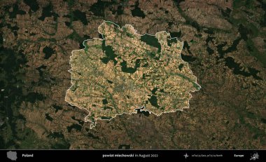 powiat miechowski. Polonya 'nın idari alanı, Ağustos 2022' de çekilen Kopernik Nöbetçi karolarından oluşan koyu renkli bir uydu görüntüsü üzerine vurgulandı ve özetlendi.