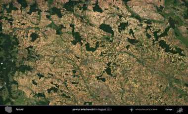powiat miechowski. Copernicus Sentinel 'in Ağustos 2022' de çekilmiş uydu görüntüsü üzerine Polonya 'nın idari bölgesi.