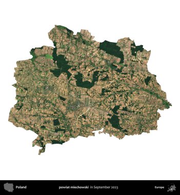 powiat miechowski. Polonya idari bölgesi, Eylül 2023 'te çekilen Kopernik Nöbetçi karolarından oluşan bir uydu görüntüsü üzerinde beyaza izole edildi.