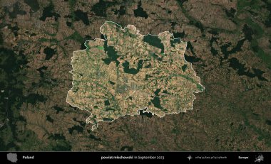 powiat miechowski. Polonya 'nın idari alanı, Eylül 2023' te çekilen Kopernik Nöbetçi karolarından oluşan koyu renkli bir uydu görüntüsü üzerine vurgulandı ve özetlendi.