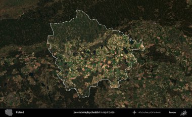 powiat miedzychodzki. Polonya 'nın idari alanı, Nisan 2020' de çekilen Kopernik Nöbetçi karolarından oluşan koyu renkli bir uydu görüntüsü üzerine vurgulandı ve özetlendi
